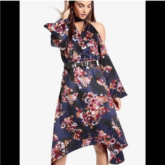 Lucky Brand Blue Floral Cold Shoulder Asymmetrical Dress - Picture 1 of 13